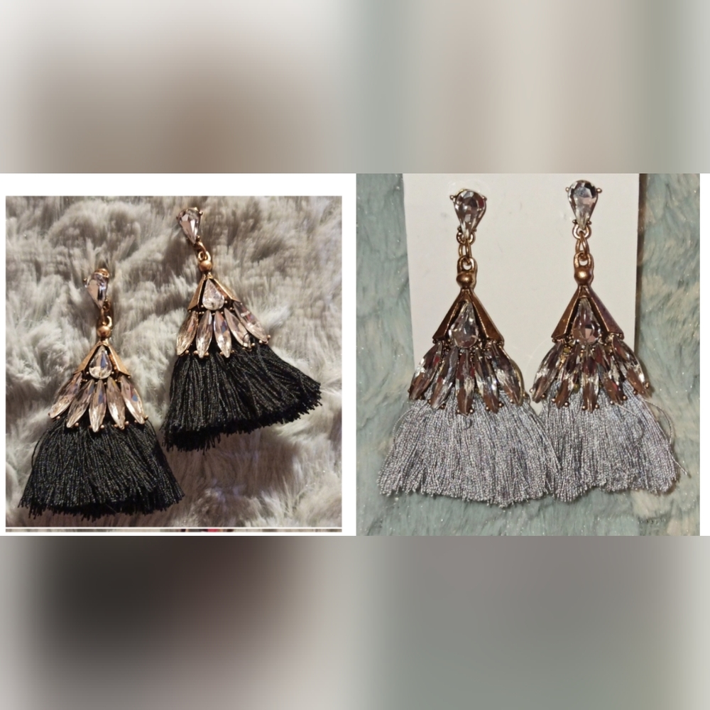 2 Pairs  Black and Gray Cotton Tassel Crystal Earrings